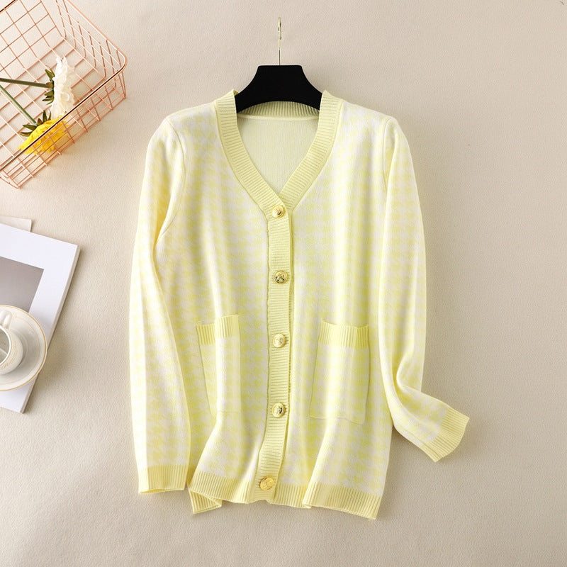 Knitted Cardigan for Women Autumn V-neck Long Sleeve Loose Plus Size Mid Length Top Coat