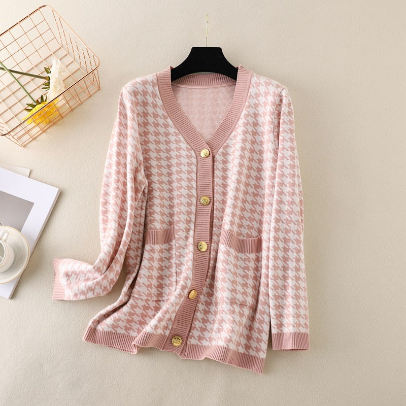 Knitted Cardigan for Women Autumn V-neck Long Sleeve Loose Plus Size Mid Length Top Coat