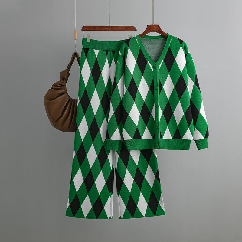 Women Clothing Geometric Abstract Rhombus Knitted Cardigan Suit