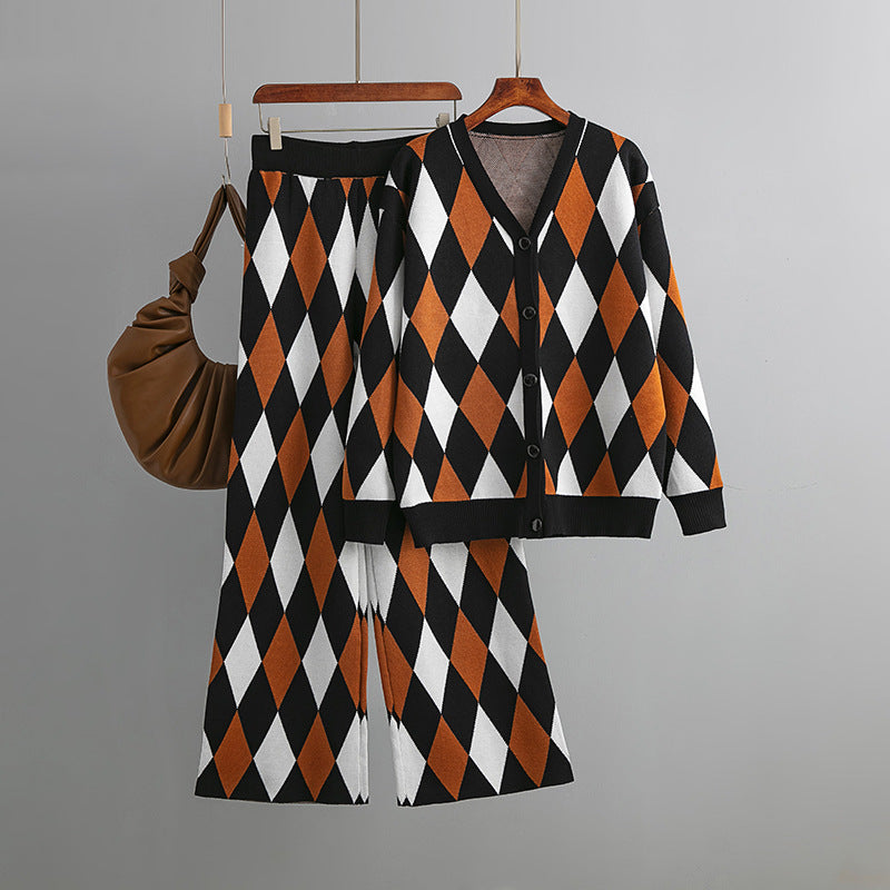 Women Clothing Geometric Abstract Rhombus Knitted Cardigan Suit