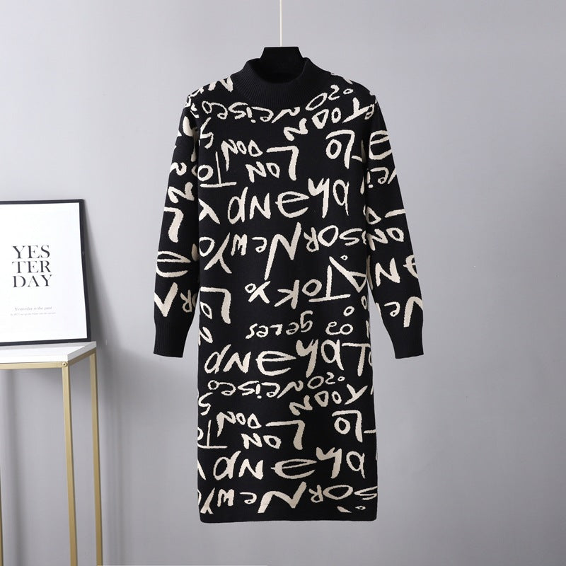 Women Clothing Autumn Winter Knitted Pullover Long Sleeve Letter Graphic Graffiti Sweater Dress