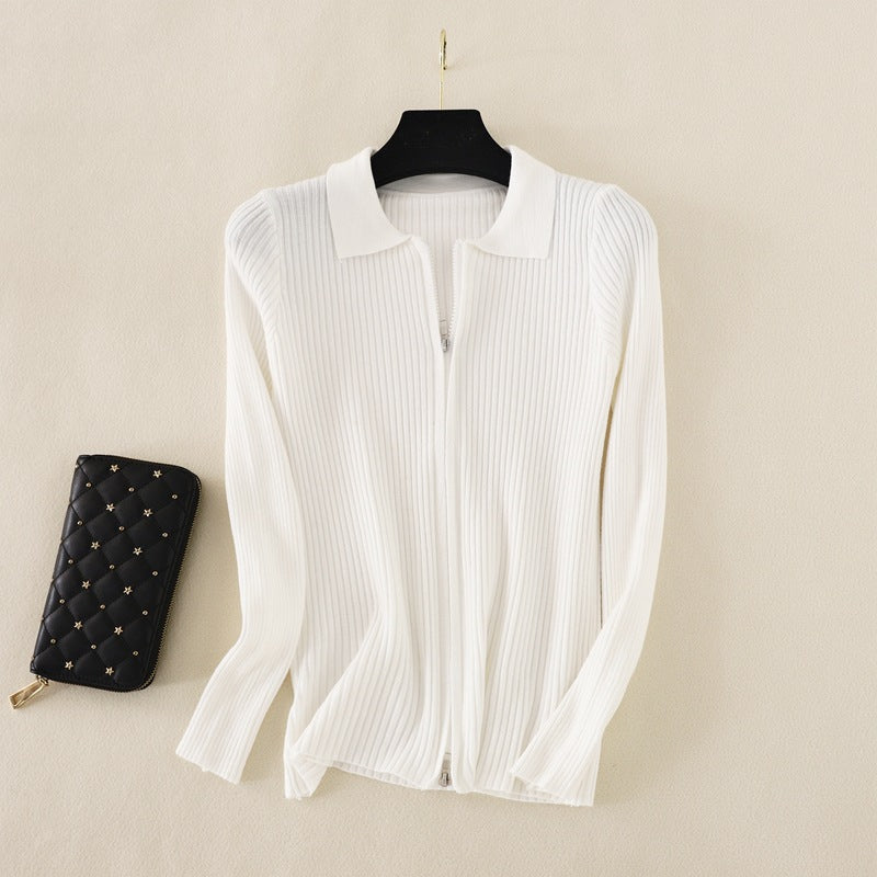 Knitted Bottoming  Solid Color Slim Fit Top Long Sleeve Polo Collar Women Short Sweater Autumn Winter Cardigan