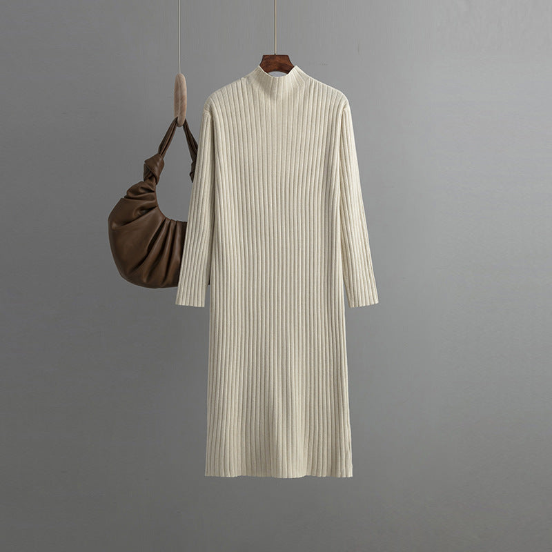 Women Knitted Bottoming Dress, Autumn Winter Half High Collar Mid Length Dinified Sweater Maxi Dress Over the Knee