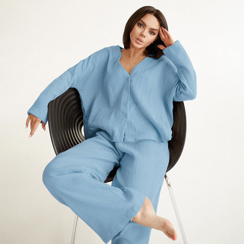 Crepe V-neck French Loose Comfortable Long Sleeve Pajamas Women Cotton Linen Homewear Set