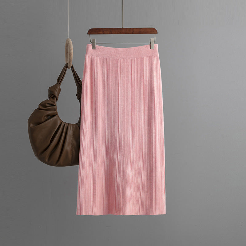 Back Slit Knitted Sunken Stripe Skirt Solid Color Elastic Waist