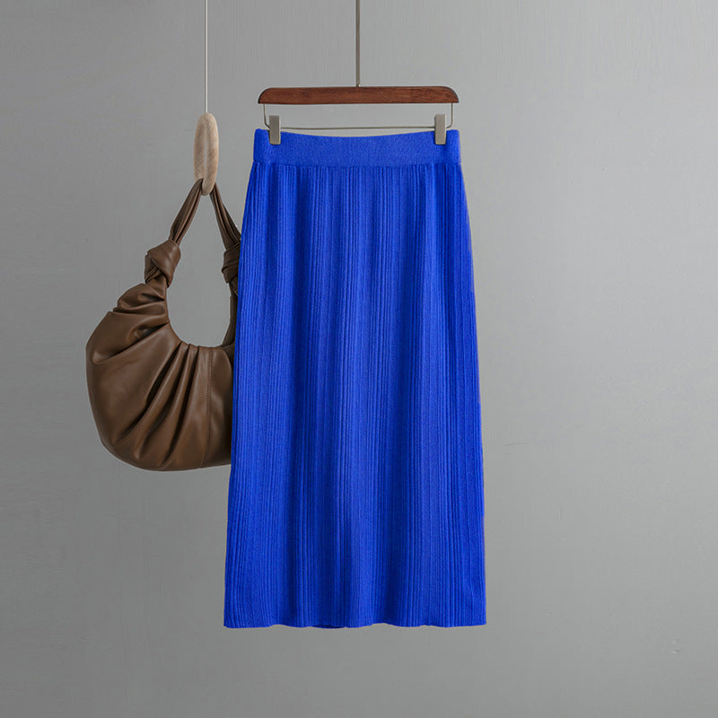 Back Slit Knitted Sunken Stripe Skirt Solid Color Elastic Waist