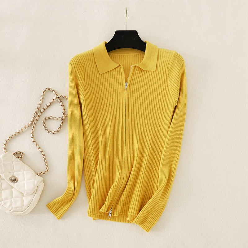 Knitted Bottoming  Solid Color Slim Fit Top Long Sleeve Polo Collar Women Short Sweater Autumn Winter Cardigan