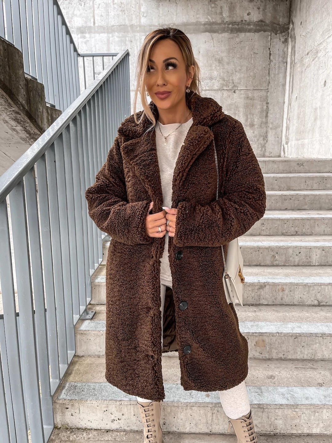 Fall Winter Women Clothes Furry Long Sleeve Collared Women Plush Top Large Coat