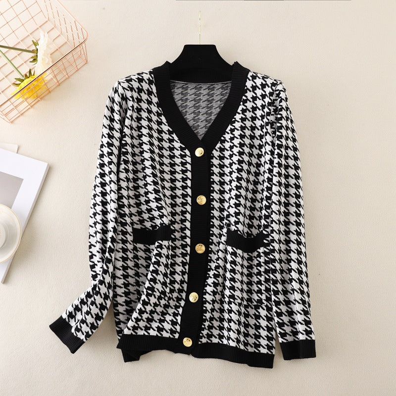 Knitted Cardigan for Women Autumn V-neck Long Sleeve Loose Plus Size Mid Length Top Coat