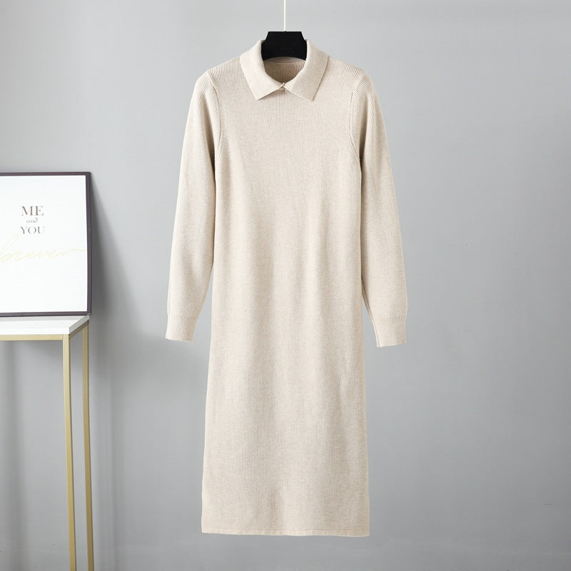 Polo Collar Knitted Dress Long Sleeve Sweater Bottom  Autumn Winter Mid Length Slim  Base Overknee Dress