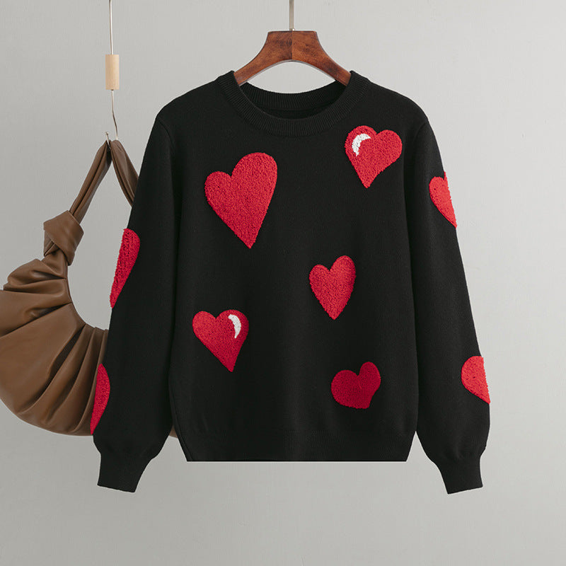 Christmas Atmosphere Niche Design Love Flocking Pullover Soft Glutinous Sweater Women Top Autumn Winter