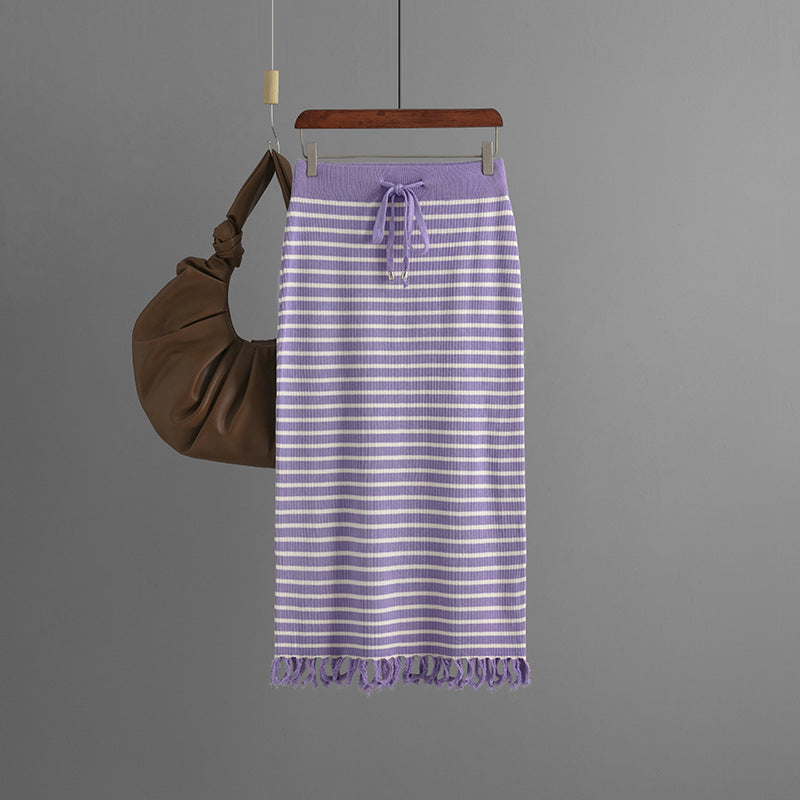 Casual Ice Silk Stripes Midi Dress Fringed Hem Skirt