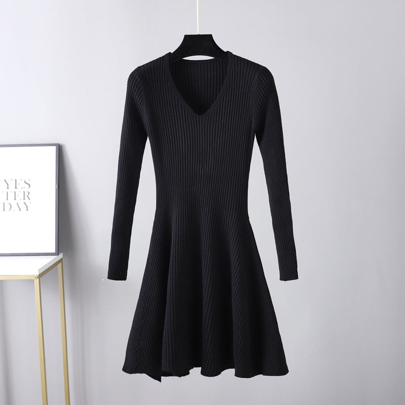 Autumn Winter Woolen  Base Knitting Dress Women Waist Slimming Mid Length Inner Wear A line