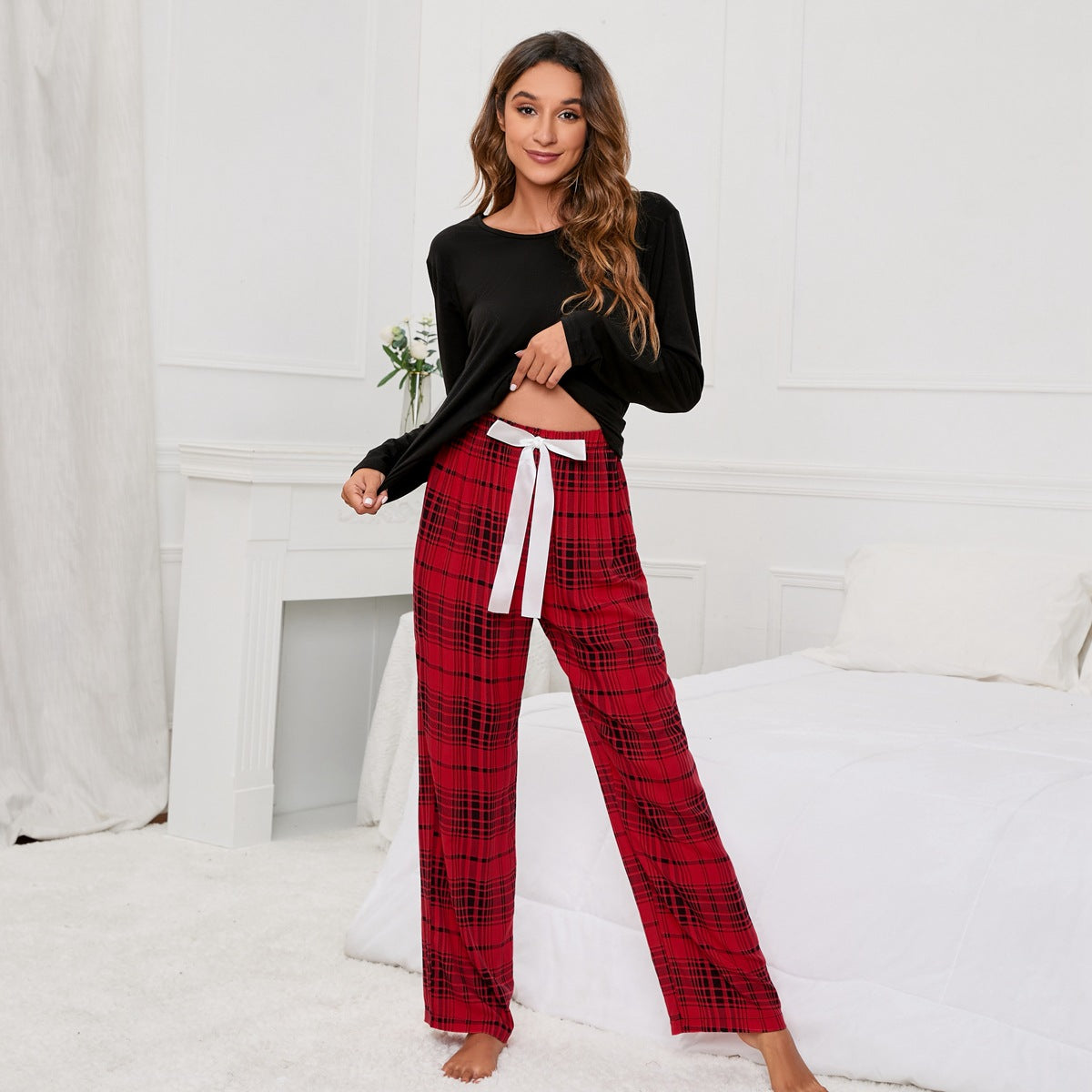 Solid Color round Neck T Printed Checks Women Casual Suit Homewear Pajamas Women