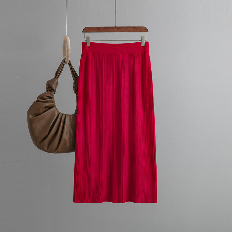 Back Slit Knitted Sunken Stripe Skirt Solid Color Elastic Waist