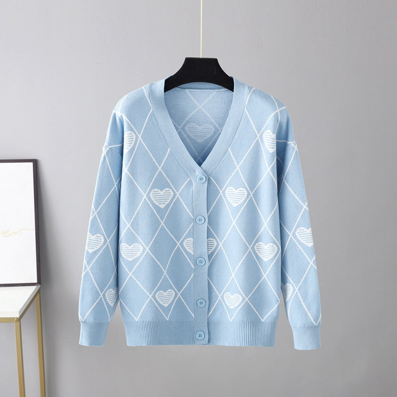 V neck Rhombus Knitted Cardigan for Women