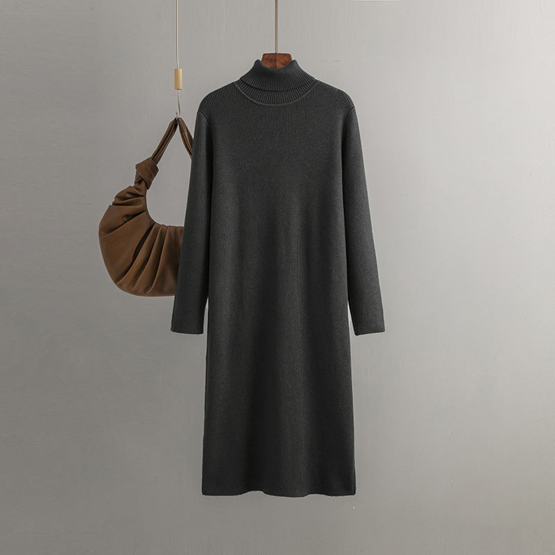 Women Knitted Dress Autumn Winter Mid Length Loose Turtleneck Solid Color Base Sweater Dress