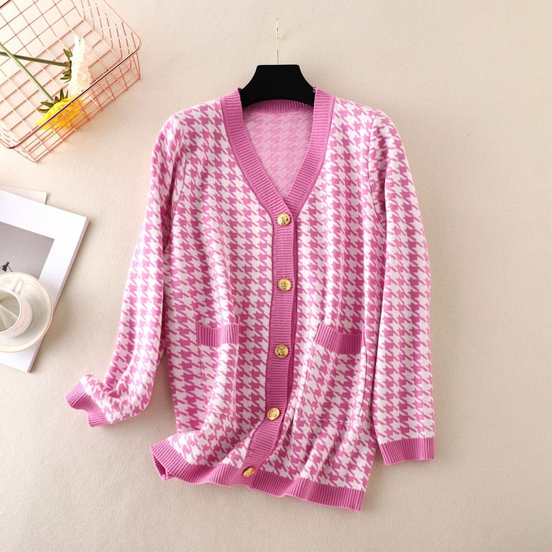 Knitted Cardigan for Women Autumn V-neck Long Sleeve Loose Plus Size Mid Length Top Coat