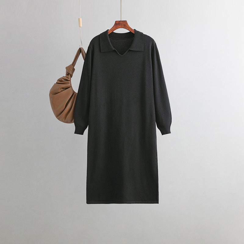 Women Clothing V neck Loose Solid Color Idle Overknee Sweater Dress Women Autumn Winter Dress