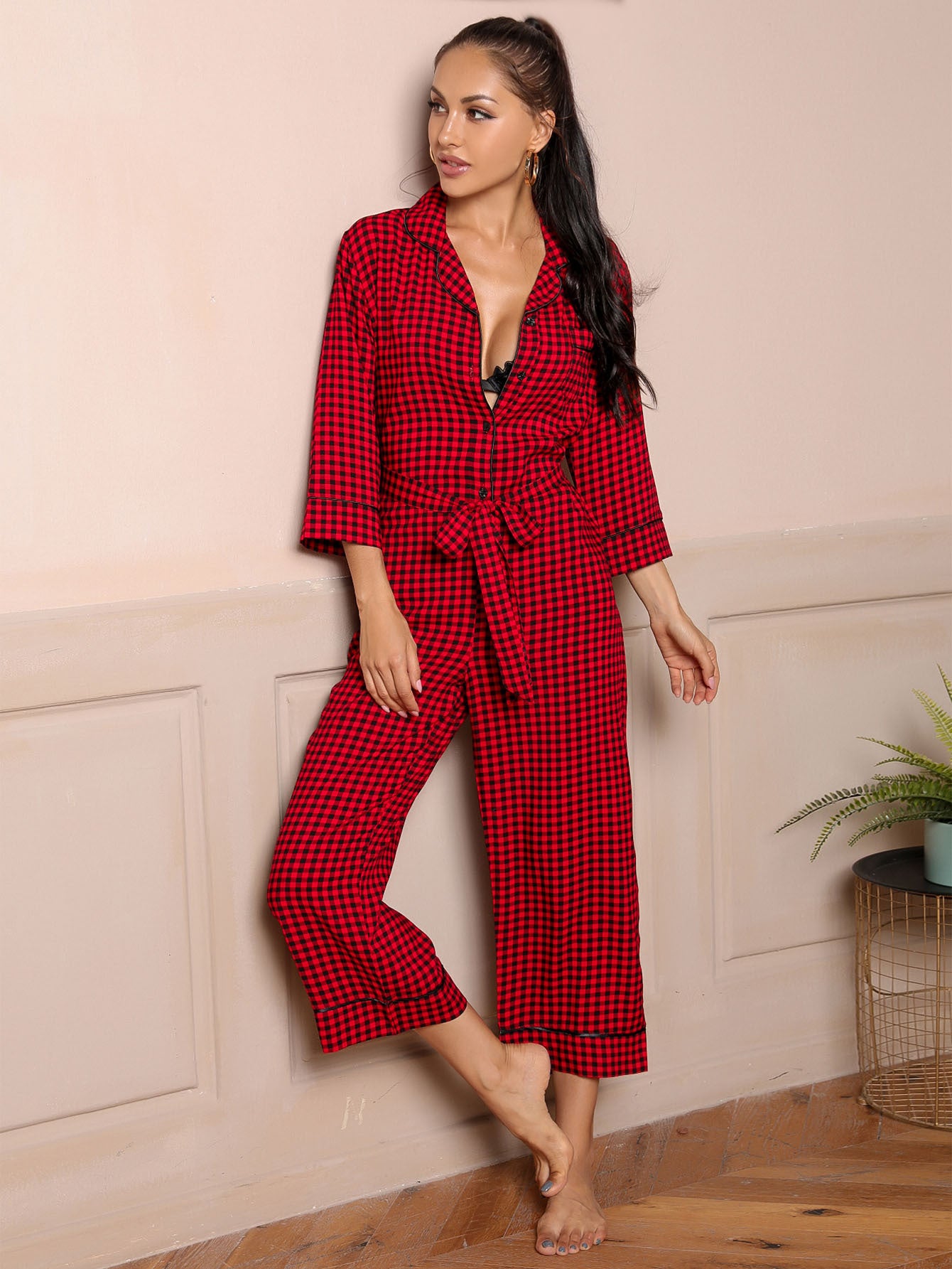 Cardigan V neck Simplicity Red Plaid Jumpsuit Home Wear