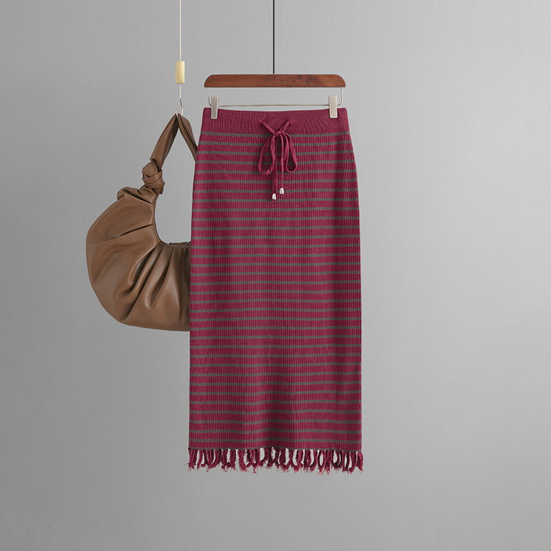 Casual Ice Silk Stripes Midi Dress Fringed Hem Skirt