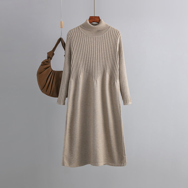 Autumn Winter High Neck Thickened Long below the Knee Woolen Women Base Ride Loose Knitted Dress