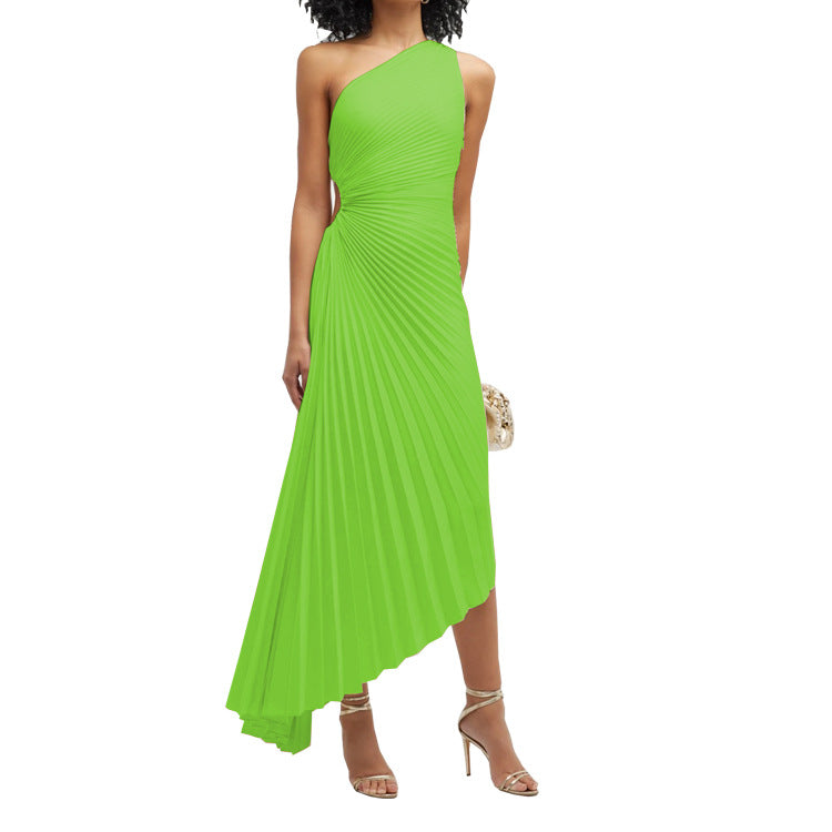 Women Clothing One Shoulder Pleated Color Light Color Series Irregular Asymmetric Dress