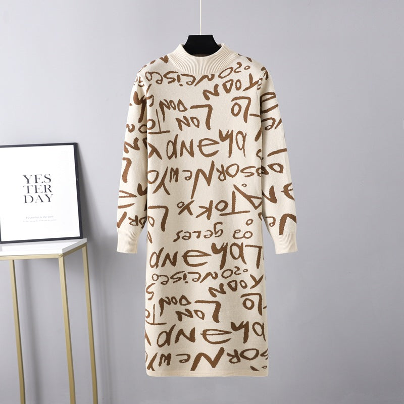 Women Clothing Autumn Winter Knitted Pullover Long Sleeve Letter Graphic Graffiti Sweater Dress