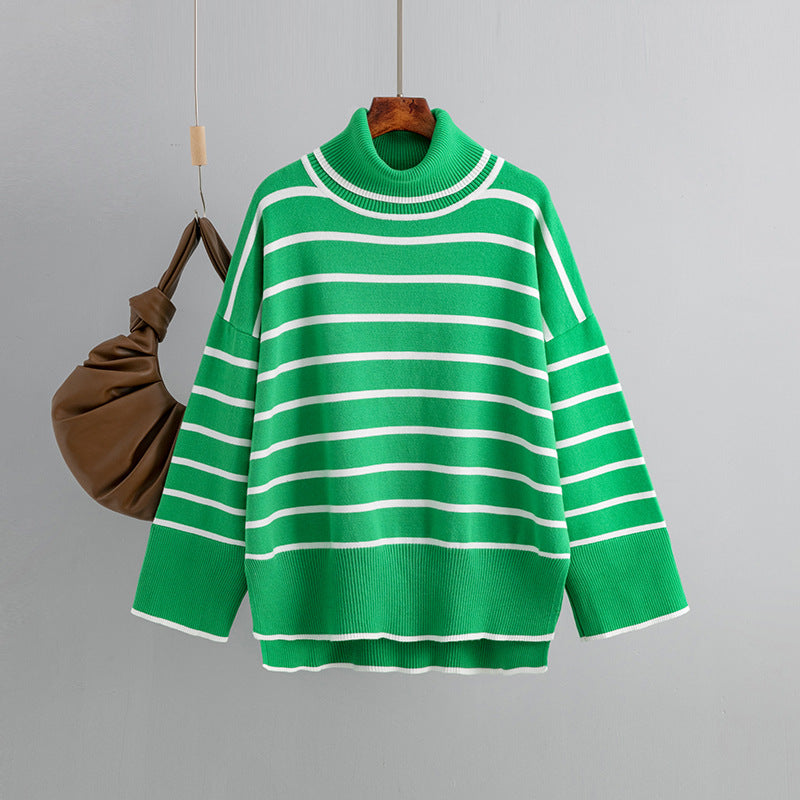 Autumn Winter Knitwear Pullover Striped Turtleneck Sweater Loose Casual Women Clothing