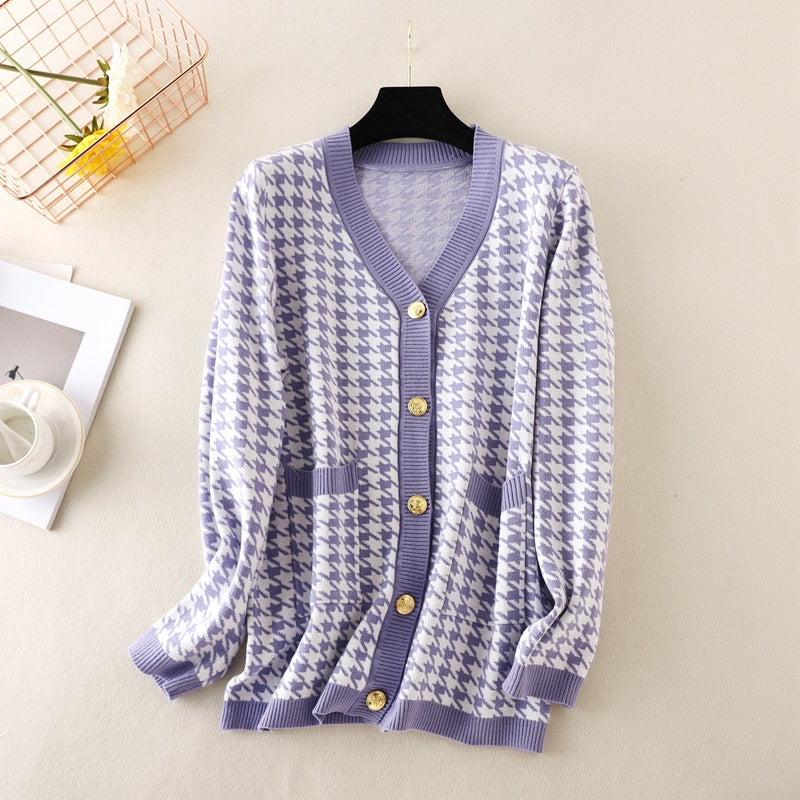 Knitted Cardigan for Women Autumn V-neck Long Sleeve Loose Plus Size Mid Length Top Coat