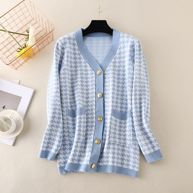 Knitted Cardigan for Women Autumn V-neck Long Sleeve Loose Plus Size Mid Length Top Coat