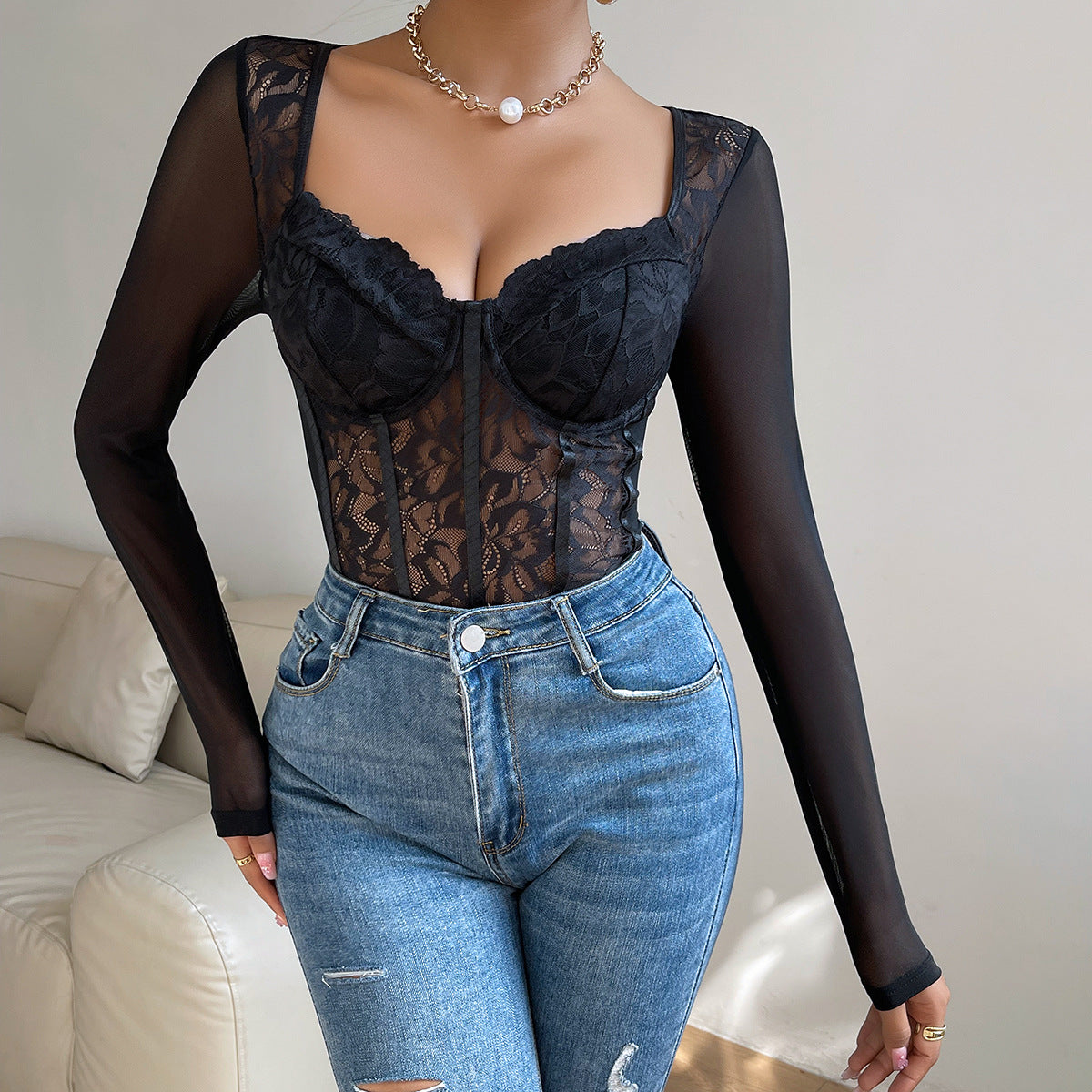 Lace Sexy See through Low Cut All Match Street Jumpsuit