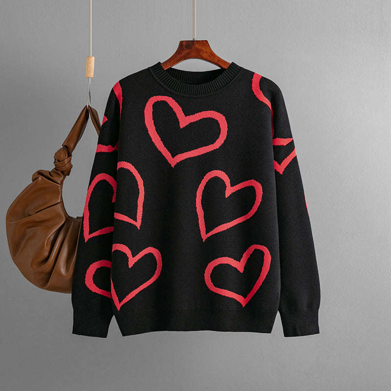 Autumn Winter Round Neck Love Contrast Color Sweater Loose Pullover Sweater