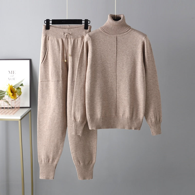 Casual Set Autumn Winter Turtleneck Solid Color Sweaters Two Piece Set