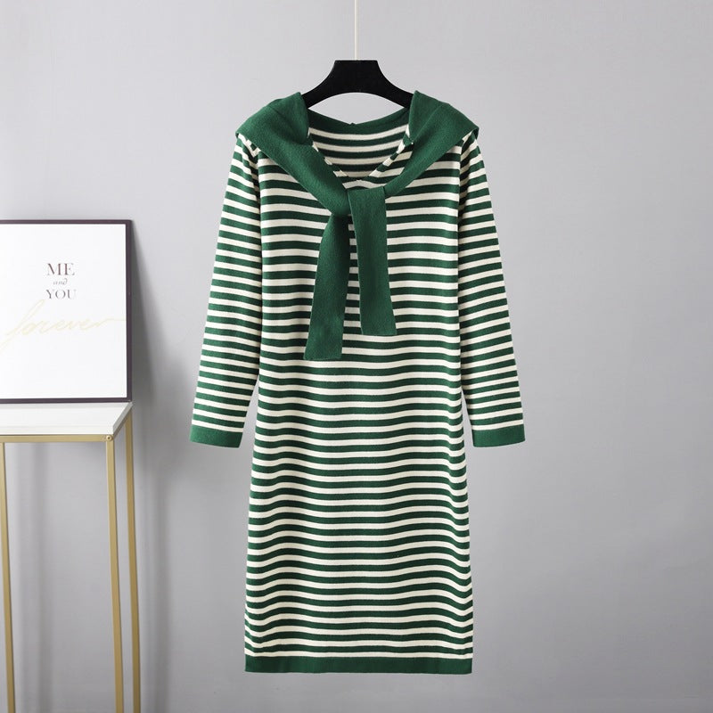 Autumn Winter Striped Slimming Long Sweater Shawl Western Sweater Women Dress