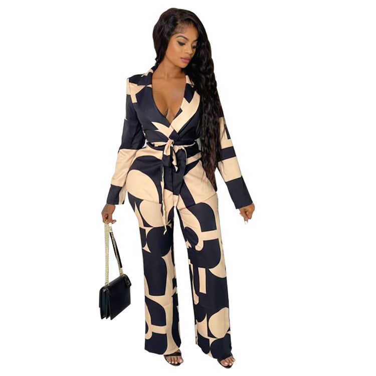 Women Clothing Fall Winter Printed Suit Collar Office Business Two Piece Set