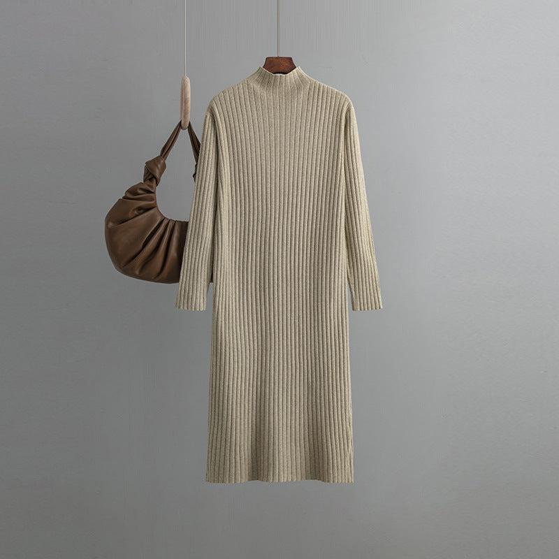 Women Knitted Bottoming Dress, Autumn Winter Half High Collar Mid Length Dinified Sweater Maxi Dress Over the Knee