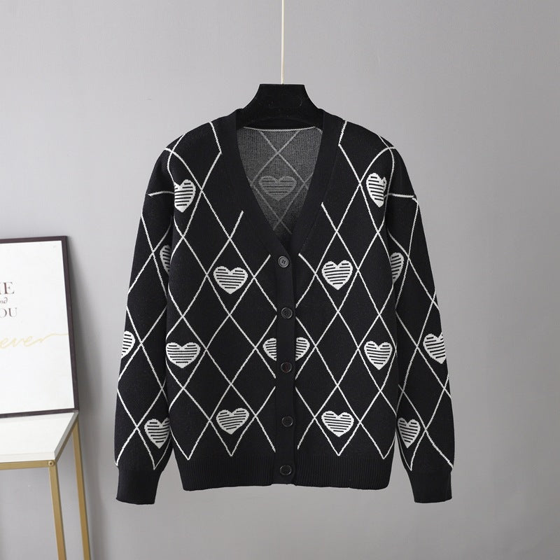 V neck Rhombus Knitted Cardigan for Women