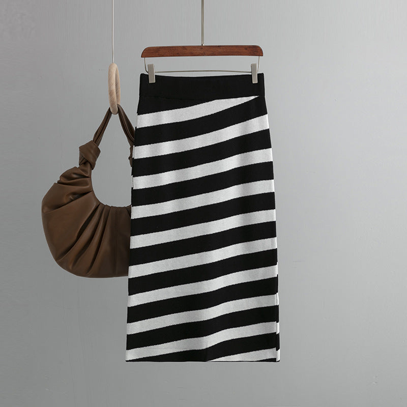 Striped Knitted Skirt Women  Slim Fit Slimming Mid Length One Step Skirt Hip Skirt