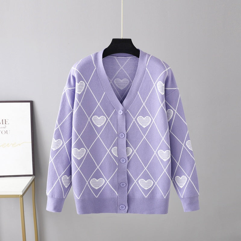 V neck Rhombus Knitted Cardigan for Women