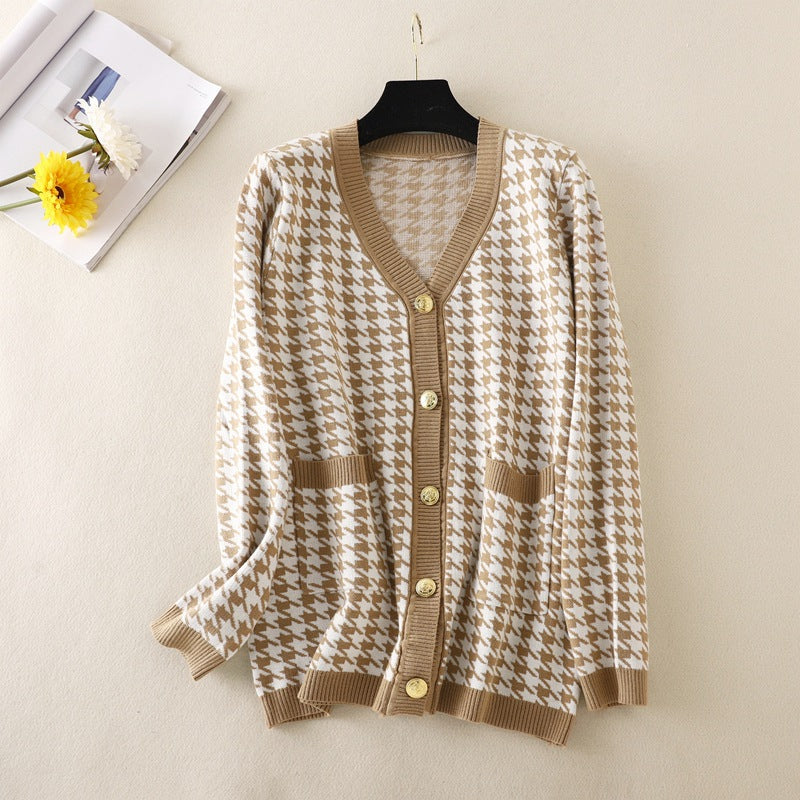 Knitted Cardigan for Women Autumn V-neck Long Sleeve Loose Plus Size Mid Length Top Coat