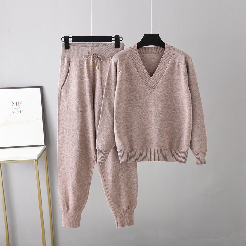 Autumn Winter Sweater Harem Pants Suit Russian Casual Sweater Pullover Two Piece Set