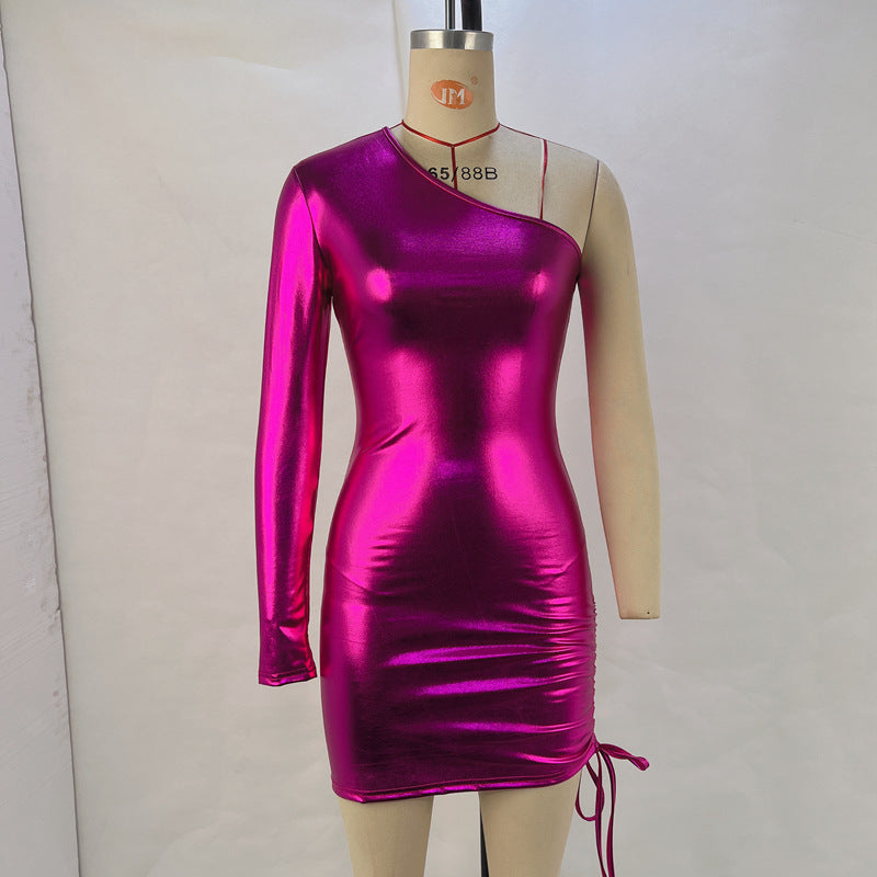 Sexy Oblique Shoulder Waist Drawstring Bag Hip Dress Women Dress Nightclub