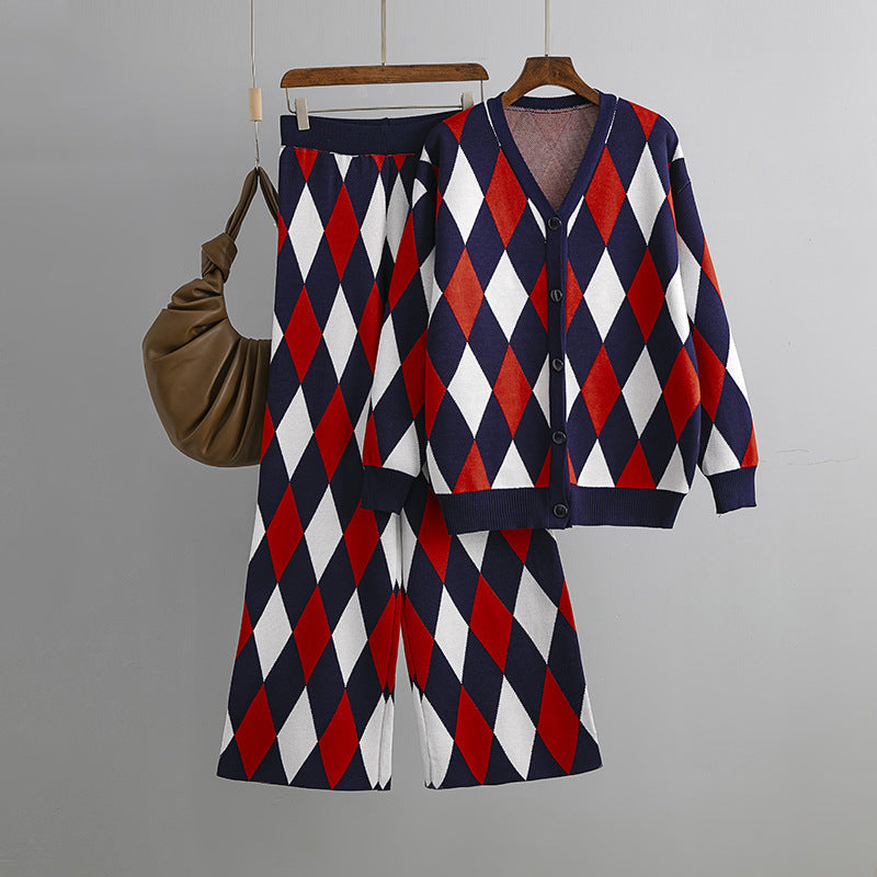 Women Clothing Geometric Abstract Rhombus Knitted Cardigan Suit