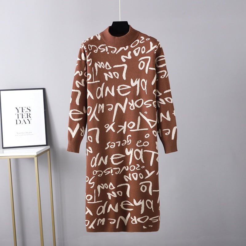 Women Clothing Autumn Winter Knitted Pullover Long Sleeve Letter Graphic Graffiti Sweater Dress