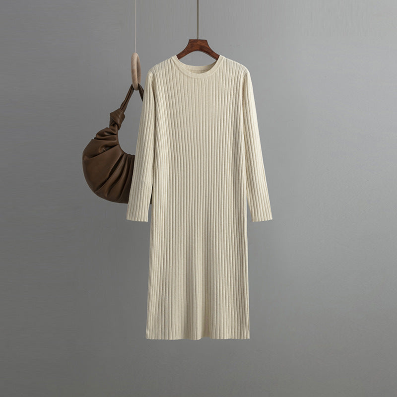 Autumn Winter Round Neck Loose Long Sleeves Knitted Dress Women Long below the Knee Underdress