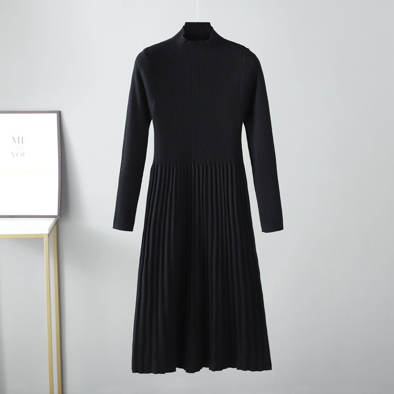 Autumn Winter Dress Solid Color Half Collar Thick below the Knees Mid Length Tight Waist Dress Soft Soft