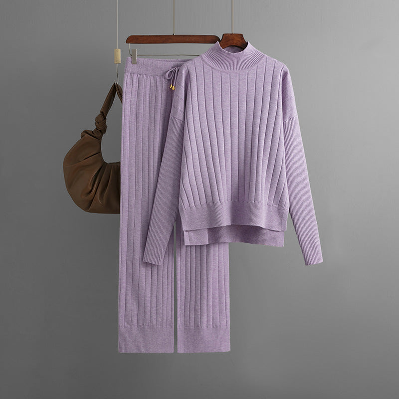 Winter Sunken Stripe Mock Neck Sweater Suit Solid Color Loose Warm Pullover Two Piece Set