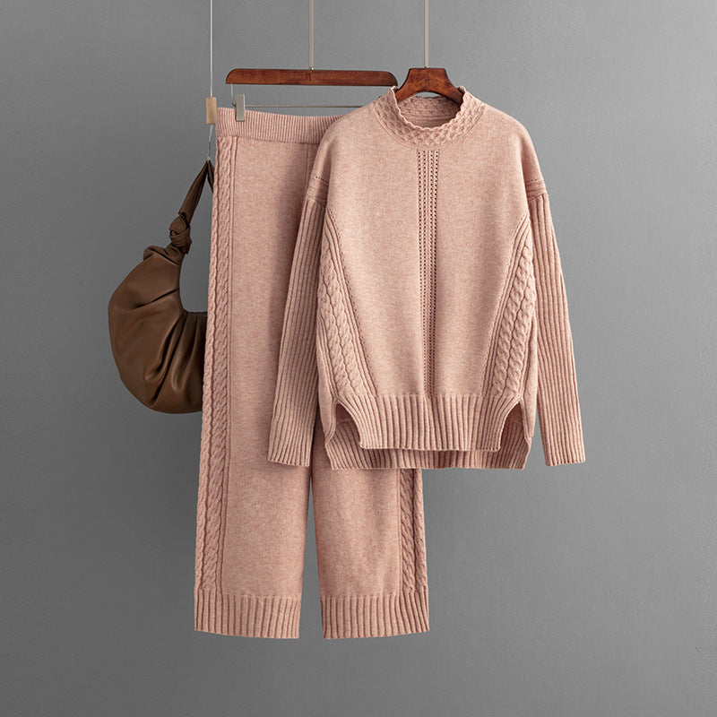 Suit Women Autumn Winter Casual Solid Color Loose Knitted Mock Neck Sweater Two Piece Set