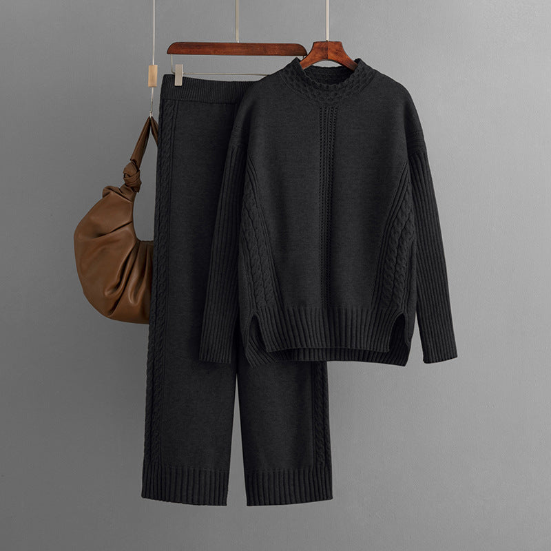 Suit Women Autumn Winter Casual Solid Color Loose Knitted Mock Neck Sweater Two Piece Set